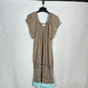 RUBYYAYA Embellished Boho Midi Dress Beaded Crochet Trim Off Shoulder‎ Viscose S
